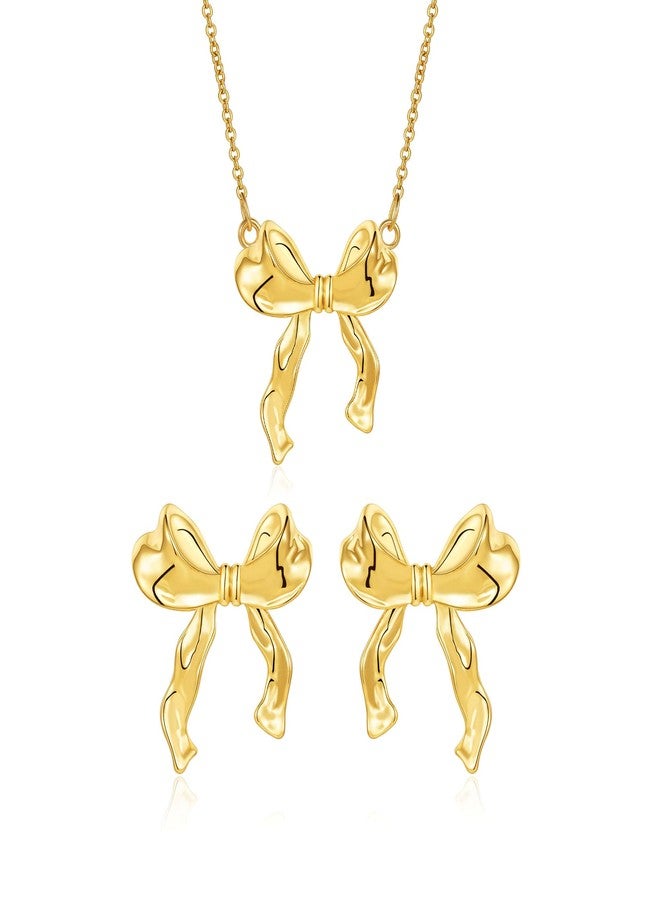 VULETO Gold Bow Necklace Earrings Set for Women, 14K Gold Plated Bowknot Choker Dainty Fashion Jewelry Gifts - Image 1
